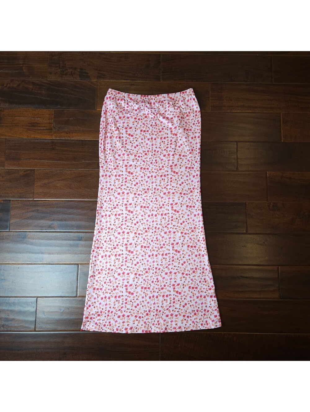 Pink Ditsy Floral Column Maxi Skirt Elastic Waist Stretch Size Medium